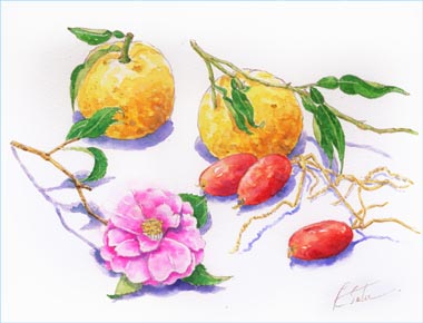 柚子とカラス瓜と椿